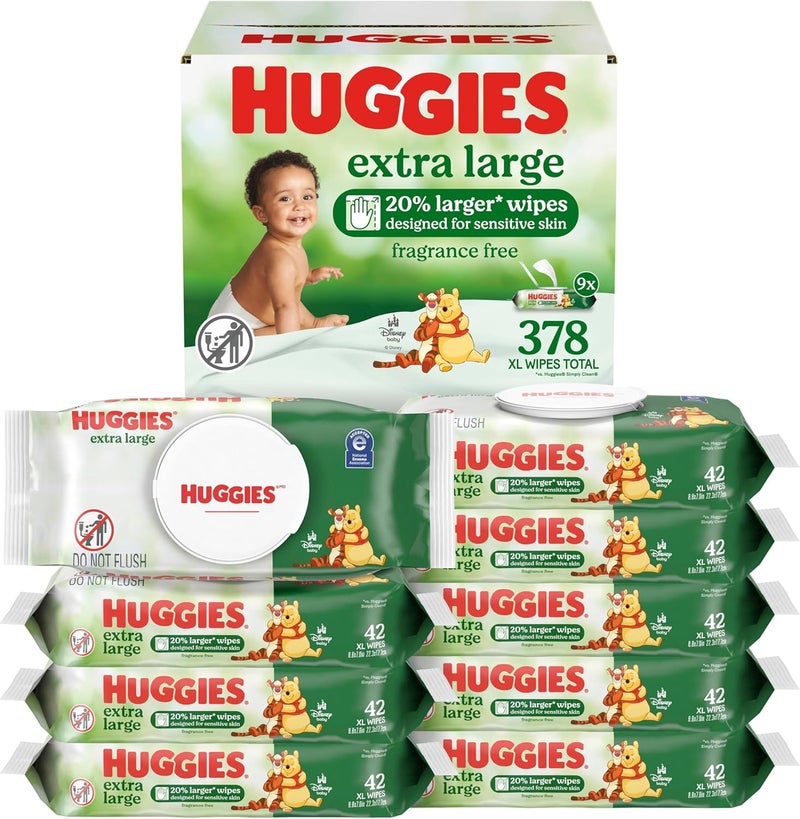 HUGGIES Extra Large Baby Wipes, Unscented, 9 Flip-Top Packs, 378 XL Wipes Total, Packaging May Vary - Image 1